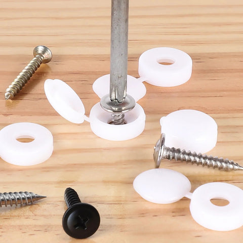 150 Pack White Plastic Screw Cover Caps With Snap On Hinge For Flush Mount Protection And Waterproof Seal shown with screws