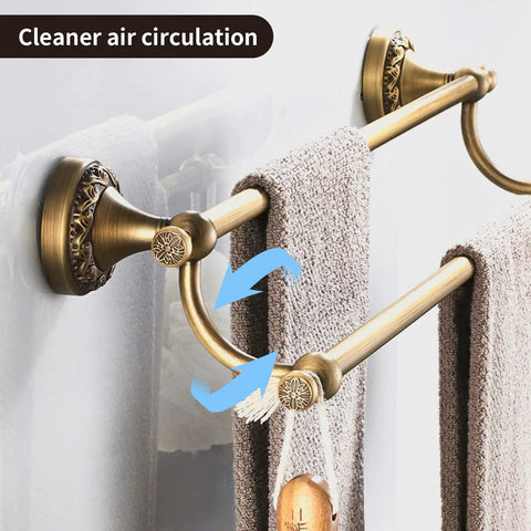 Antique Brass Adjustable Double Towel Bar Wall Mount Rack For Bathroom showing retractable design with towels hung