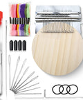 Knit Patch Loom Kit For Beginners And Mending 2.0 Mending Loom For Holes And Worn Spots On Clothes And Denim Includes 36 Threads For Visible Repairs And Reinforcement; knitting loom with wood frame and metal pins, needles, threads.