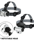 Five Pack LED Headlamps with 8 LEDs four lighting modes pivoting head adjustable strap shown with rotatable head feature