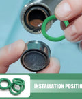 Air Conditioning Compressor Seal Ring Kit For Cars, green O-ring being installed on metal part, installation position highlighted.