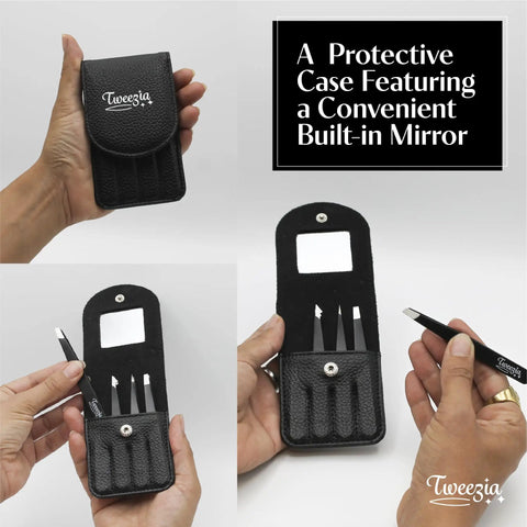 Stainless Steel Precision Tweezer Set With Mirror Case Four Piece Kit Includes Classic, Slanted, And Pointed Tips in leather pouch.