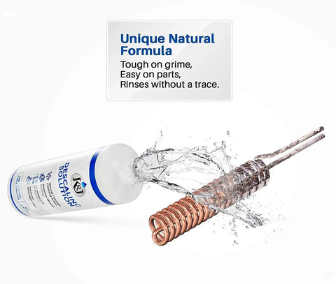 Premium Descaling Solution For Keurig Breville Nespresso Delonghi Cuisinart And Any Coffee Or Espresso Machine 4 Uses Natural Odorless Cleaning Made In USA 2x More Effective Than Leading Brand bottle pouring on metal coil with text highlighting unique formula