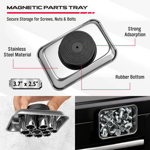 Front view of 4-piece telescoping magnetic pickup set with stainless steel tray; includes 31in, 25in, and 20in magnets.