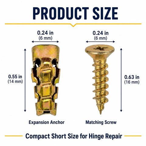 6x14mm Short Expansion Screw Set For Stripped Cabinet Hinge Holes 100 Pack Repair Kit showing screw and expansion anchor size