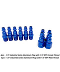 Rock Solid Aluminum Quarter Inch Air Hose Fittings And Air Compressor Quick Connect Fittings 15 Piece Air Coupler Plug Kit showing blue aluminum plugs with 1/4" NPT threads.
