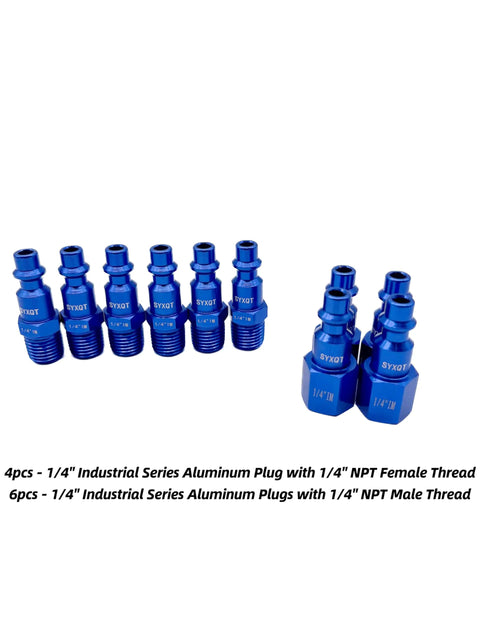 Rock Solid Aluminum Quarter Inch Air Hose Fittings And Air Compressor Quick Connect Fittings 15 Piece Air Coupler Plug Kit showing blue aluminum plugs with 1/4" NPT threads.