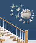 17 Piece 3D Acrylic Mirror Wall Decor Stickers With Butterfly Shapes DIY Removable Decals For Home Living Room And Bedroom Silver Finish Easy Peel And Stick Mirror Wall Art on wall above staircase
