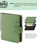 Slim Womens Bifold Wallet With 9 Card Slots, RFID Blocking, ID Window, and Compact Card Holder in green leather showing layers
