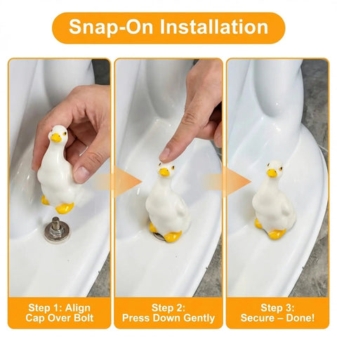 Step-by-step installation guide for Heckin Cute Duck Toilet Bolt Covers With Ceramic Snap On Screw Caps For Base Bolts.