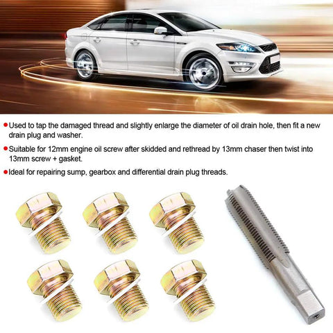Fresh Oil Drain Plug Tap M13 X 1.25MM Thread Repair Kit For Fixing Stripped Holes And Restoring Proper Fit With New Screw Washer For Your Car Maintenance Needs. M13 tap and oil drain plugs with washer, steel thread repair kit for car sump threads