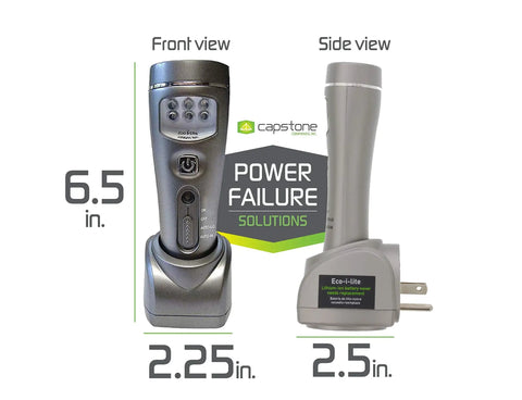 Front and side view of Eco I Lite 4 In 1 Rechargeable Emergency Flashlight Kit 6 Pack Power Outage Essential with charging base.