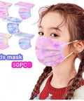 Young girl wearing pink heart-patterned Kids Disposable Face Masks, part of 50 Pack Breathable Three Layer Dust Filter Mouth Covers