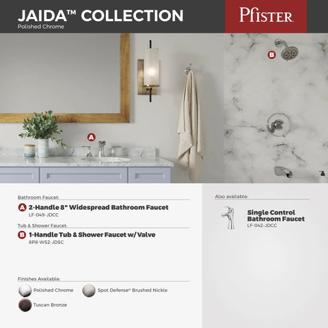 Jaida Tub And Shower Trim Kit With Restore Technology, Valve Included, 1-Handle, Sleek Polished Chrome Finish in bathroom setup