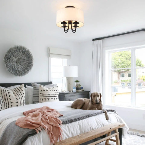 Bedroom with a Dope Semi Flush Mount Ceiling Light Fixture With Off White Fabric Drum Shade Matte Black Canopy Sleek Modern 4 Light