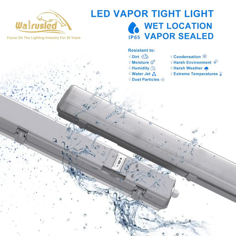 4Ft Led Vapor Tight Emergency Light With Battery Backup Tri Level Microwave Motion Sensor Dimmable Shop Light IP65 Waterproof with water splashes.
