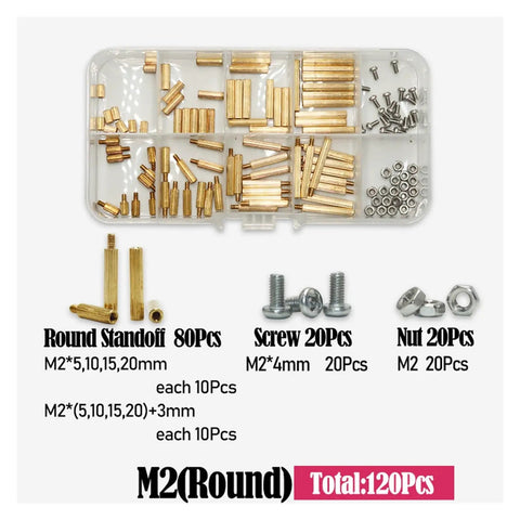 Brass Hex Pillar Standoff Kit For DIY Electronics PCB Mounts M2 Through M5 With Male Female Nuts Knurled Caps And Spacer Hardware For Easy Maker Projects, M2 round set
