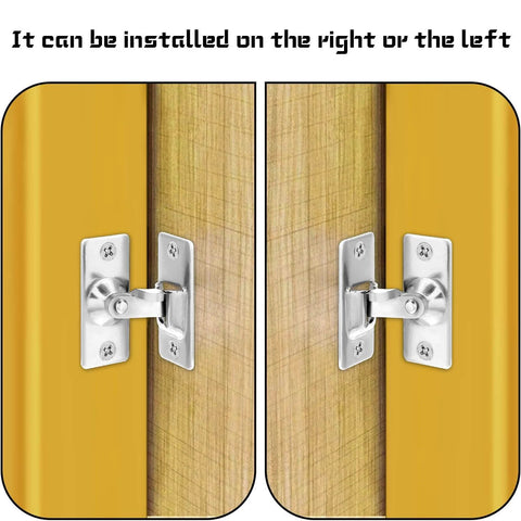Heavy Duty Mini Sliding Barn Door Latch Lock With 90 Degree Alloy Lock for Pocket Door installed on wood door near wall.