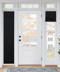 Black Door Curtain For Sightlight Privacy With Thermal Insulation French Front Glass Door Shade W12 X L69 Inch One Panel No Drill Easy Install With Strong Adhesive Straps Perfect For Small Windows And Front Doors installed on side windows of white front door.