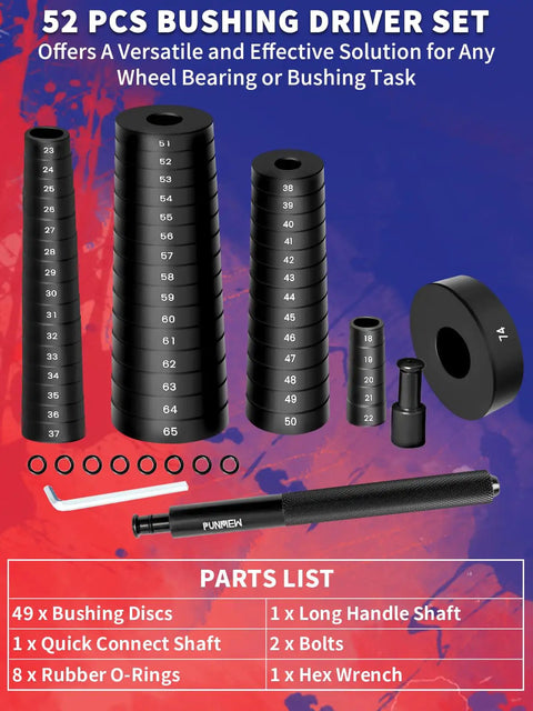 52-In-1 Custom Bushing Driver Set 18mm To 65mm Bearing Race And Seal Installer Kit shown with discs and tools