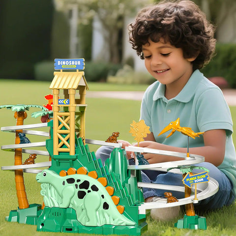 Child playing with Dinosaur Climbing Slide Toy With Racing Track For Toddlers 3 4 5 6 7 8 Light Up Music Themed Car Track Set