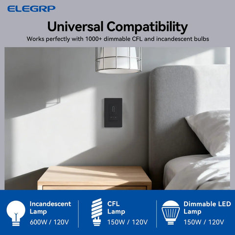 Super Slick Slide Dimmer Switch For Led And Cfl Bulbs Single Pole Or Three Way Control Matte Black 2 Pack mounted on wall in bedroom.