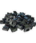 Heavy Duty 10-32 Cage Nuts 25 Pack Black Oxide Snap-In Server Rack Hardware in a pile, made of hardened steel, designed for Dell rackmount chassis.