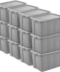 Tough As Nails 30 Gallon Storage Bins With Secure Lids Heavy Duty Plastic Totes Set of 8 stacked for organizing gear.