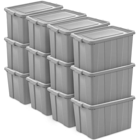 Tough As Nails 30 Gallon Storage Bins With Secure Lids Heavy Duty Plastic Totes Set of 8 stacked for organizing gear.