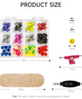 Dope Wooden Fingerboard Deck Kit With Pro Foam Tape And Multicolor Wheels, showing size chart and components arrangement.