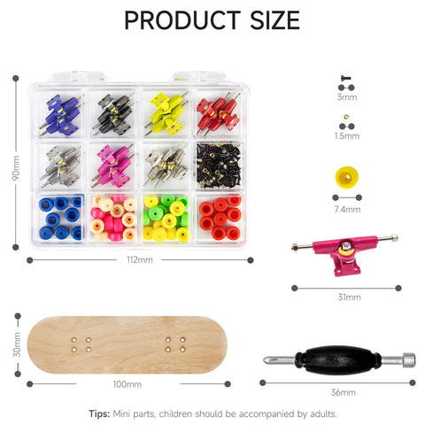 Dope Wooden Fingerboard Deck Kit With Pro Foam Tape And Multicolor Wheels, showing size chart and components arrangement.