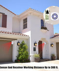 Long Range Wireless Driveway Alarm System with motion sensors installed on house exterior, sensor and receiver circle inset.