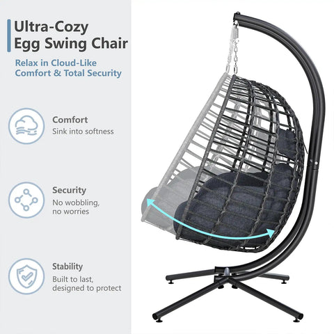 Two Person Outdoor Double Egg Swing Chair With Stand For Patio Or Garden Weather Resistant Hanging Hammock side view with features