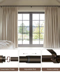 Modern Antique Brown Bronze Curtain Rod Set For Windows 66 to 120 Inches shown in living room with decorative finials and easy mount brackets.