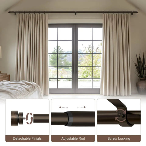Modern Antique Brown Bronze Curtain Rod Set For Windows 66 to 120 Inches shown in living room with decorative finials and easy mount brackets.