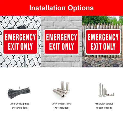 Installation options for Badass 2 Pack 10X7 Emergency Exit Only Signs Heavy Duty Rust Free Aluminum on various surfaces.