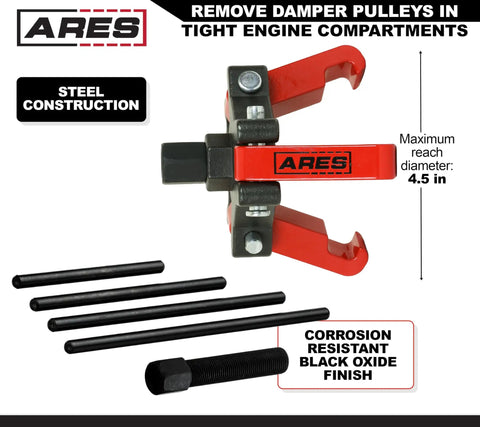 Harmonic Balancer Puller Kit For Cars And Trucks With Adjustable 3-Jaw Design Fits Most Late Model Automobiles Remove Damper Pulleys In Tight Engine Compartments Without Radiator Removal, steel construction, black oxide finish, maximum reach 4.5 in