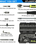46 Piece One Quarter Inch Drive Socket Set With Ratchet Wrench, Industrial Grade Chrome Vanadium, Metric Bit Sockets, Extension Bar, Storage Case