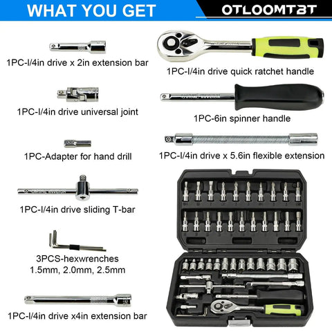46 Piece One Quarter Inch Drive Socket Set With Ratchet Wrench, Industrial Grade Chrome Vanadium, Metric Bit Sockets, Extension Bar, Storage Case