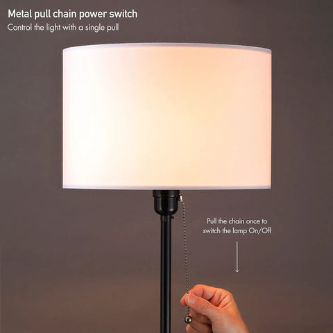 Close-up of Dope Drum Shade Floor Lamp With Pull Chain On Off And E26 Socket Modern Minimalist Design, showing hand using pull chain.