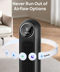 Bedroom Tower Fan With Remote And Wi Fi Voice Control Ultra Quiet Bladeless Standing Fan display panel showing speed settings.