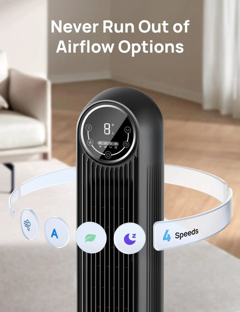 Bedroom Tower Fan With Remote And Wi Fi Voice Control Ultra Quiet Bladeless Standing Fan display panel showing speed settings.
