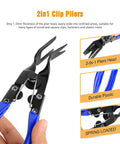 Close-up of 2-in-1 clip pliers with blue handles made of durable plastic, showing pliers head and spring loaded mechanism.