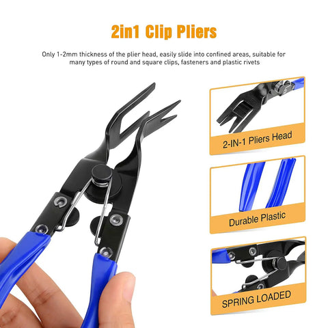 Close-up of 2-in-1 clip pliers with blue handles made of durable plastic, showing pliers head and spring loaded mechanism.
