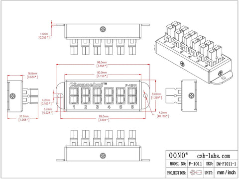 Heavy Duty 6 Position 45 Amp Power Pole Distribution Block With Tough As Nails Aluminum Housing and Plug and Play Connectors diagram with dimensions.