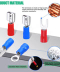 Insulated Spade Crimp Connector Kit 300Pcs 16 Types showing male and female terminals, fork, and ring connectors with insulation.