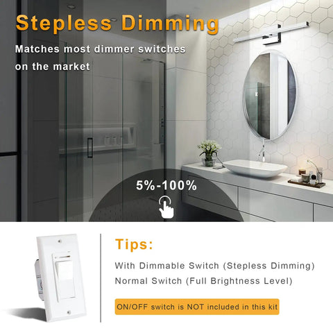 Bathroom showcasing Chrome 23.6 Inch LED Vanity Light Over Mirror, 14W Dimmable Fixture With 5 CCT Settings, modern decor.