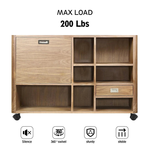 Wooden storage cabinet on four black caster wheels with open cubbies and two drawers