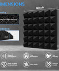 Legit Badass High Density Pyramid Soundproof Foam Panels For Walls 52 Pack 12X12X2 shown with dimensions and features highlighted.