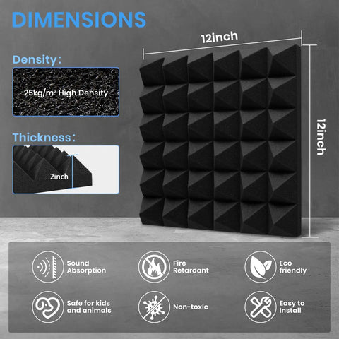 Legit Badass High Density Pyramid Soundproof Foam Panels For Walls 52 Pack 12X12X2 shown with dimensions and features highlighted.